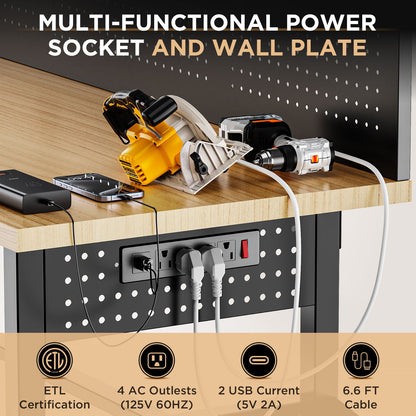 Adjustable Height Workbench, Includes Drawers, Power Outlet, LED Light, Wheels Or Leveling Feet - Black