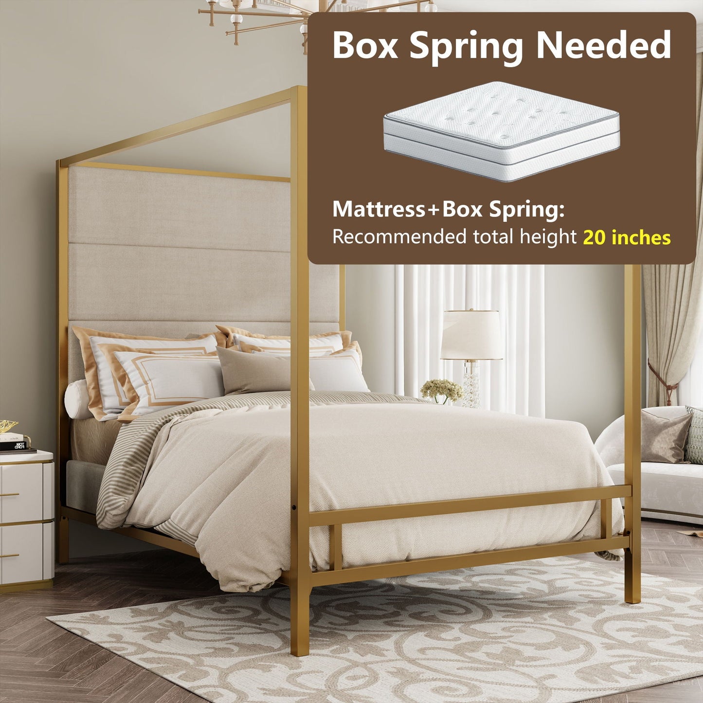 Canopy Bed With Tall Upholstered Headboard, 4 Poster Frame