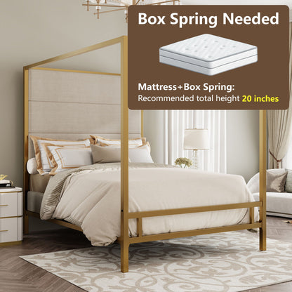Canopy Bed With Tall Upholstered Headboard, 4 Poster Frame