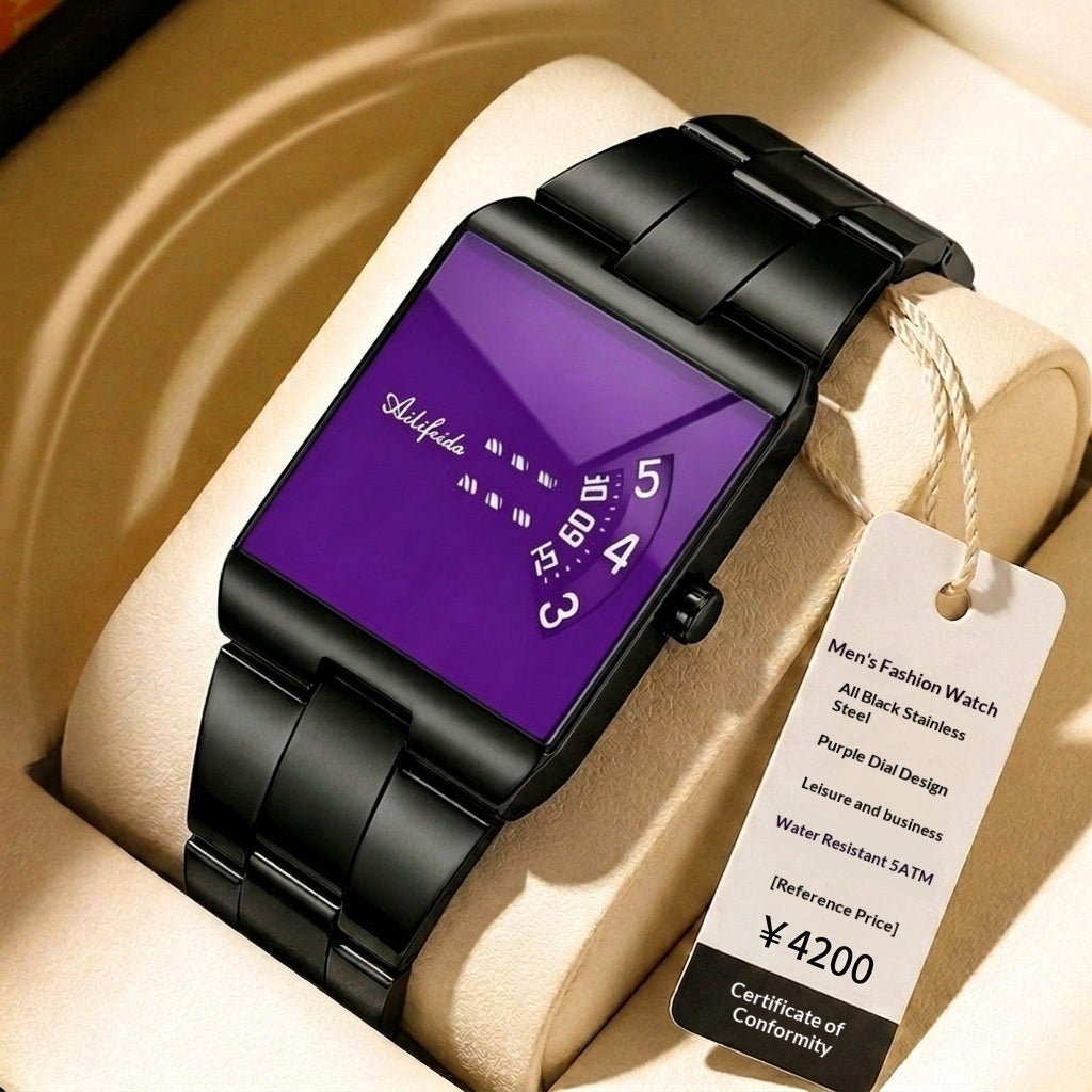 Square Quartz Waterproof Steel-band Luxury Mens Wristwatch