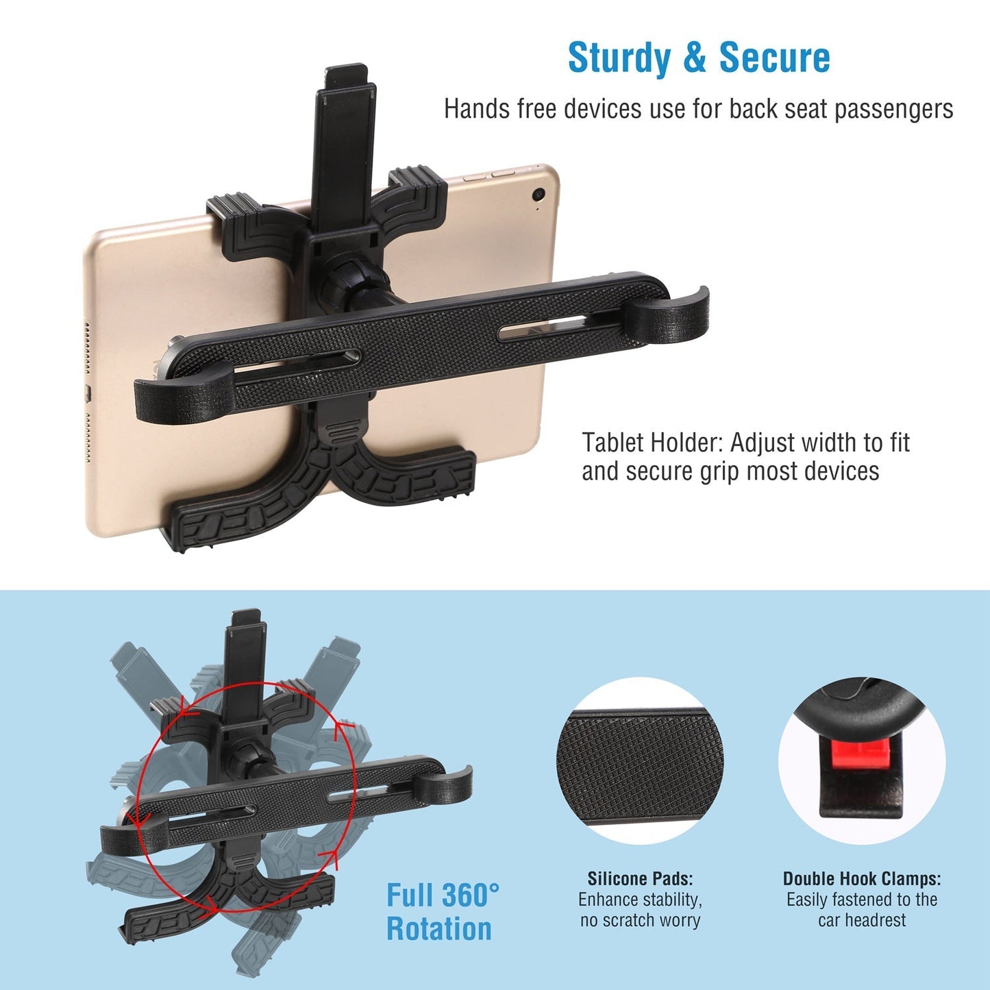 Car Headrest Tablet Mount 360¡ Rotation Car Tablet Holder Universal for 7-11 Inch iPad iPad Air iPad Pro Galaxy Tab Kindle Fire
