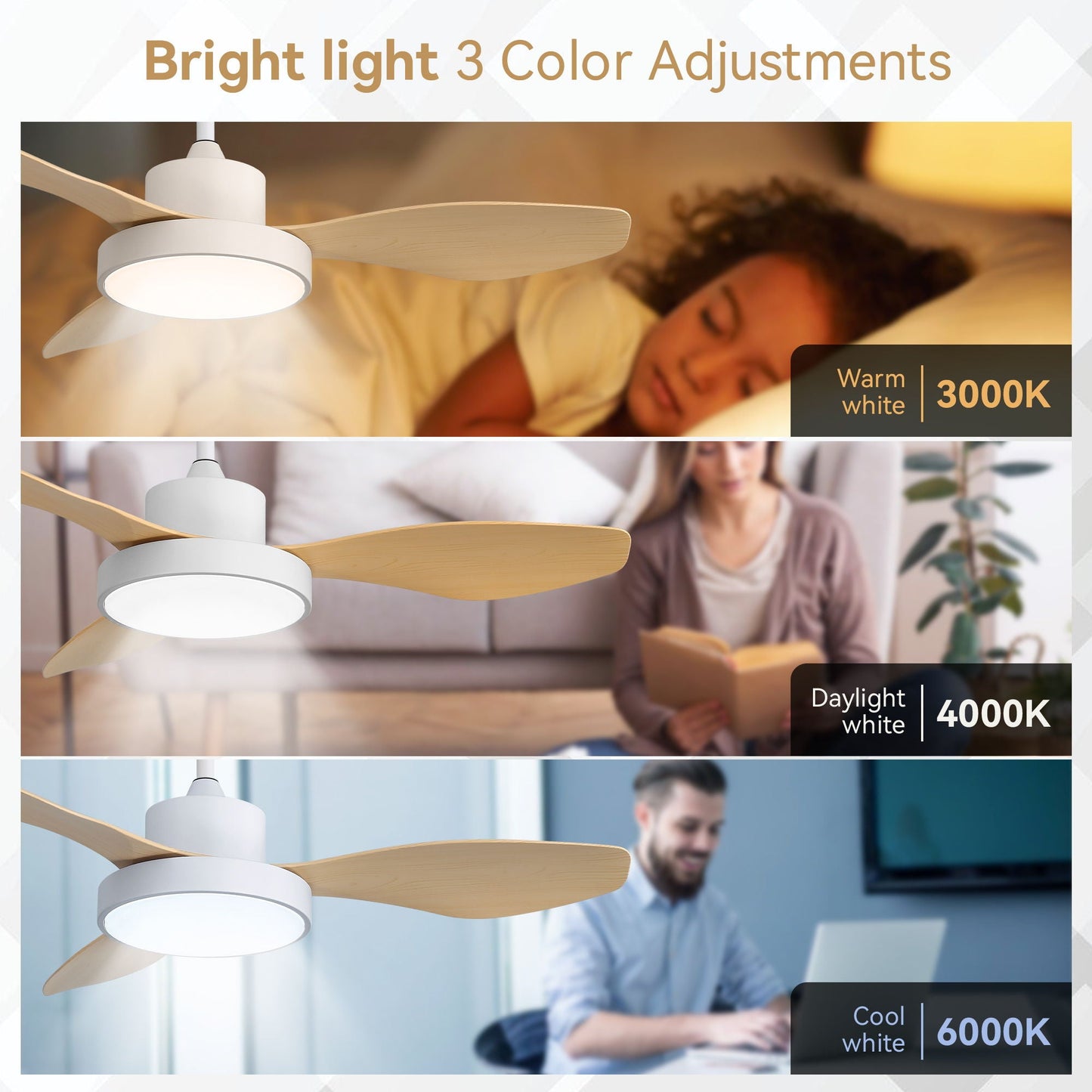 Ceiling Fan With 22W LED Light And Remote Control 6 Speeds Reversible DC Motor For Living Room - White