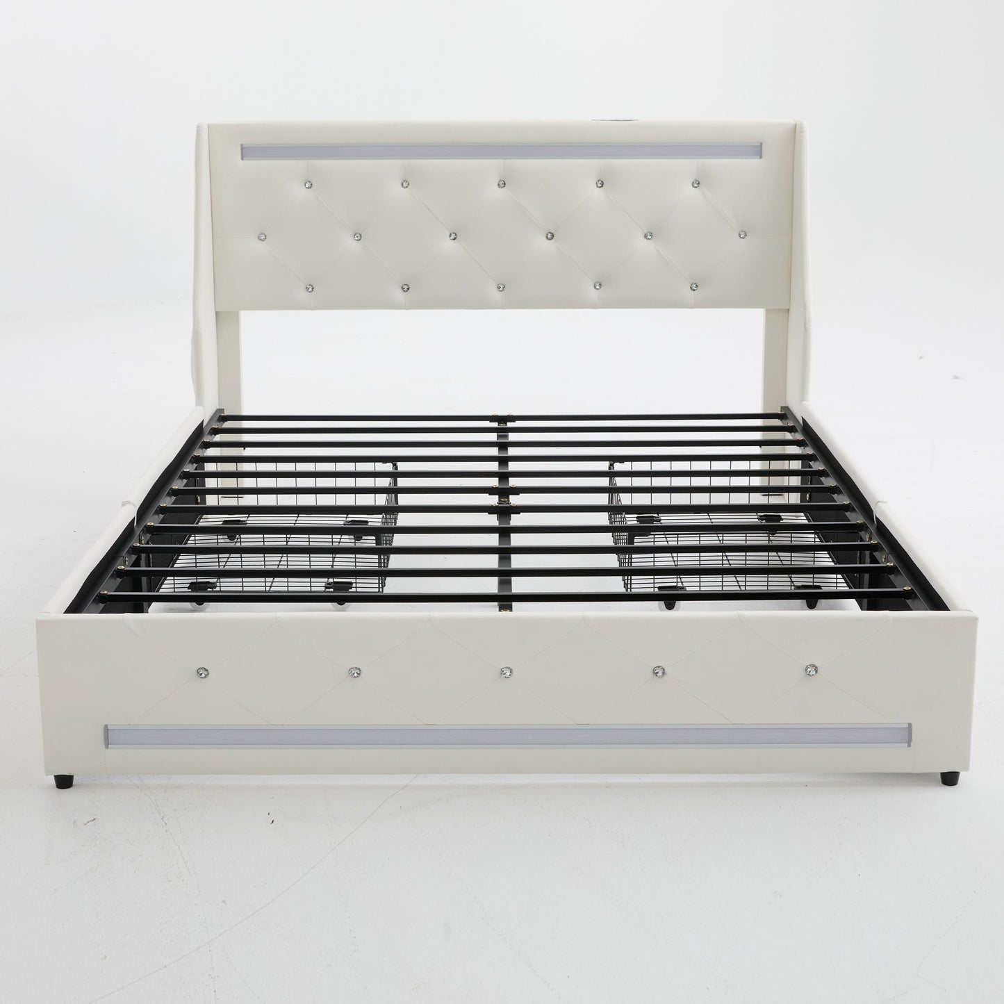 Wingback Upholstered Bed Frame With LED Lights, Charging Station