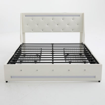 Wingback Upholstered Bed Frame With LED Lights, Charging Station