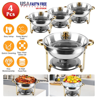 4Pcs Chafing Dish Buffet Set 4.76QT Round Buffet Servers Food Warmer Stainless Steel Catering Chafer with Glass Lid for Warming Cooling Gatherings Ban