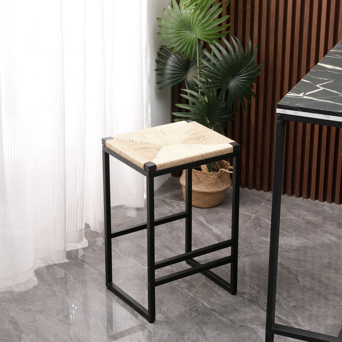 Boho Style Backless Bar Stools (Set of 2) With Paper Rope Woven Seat & Metal Frame For Kitchen Counter