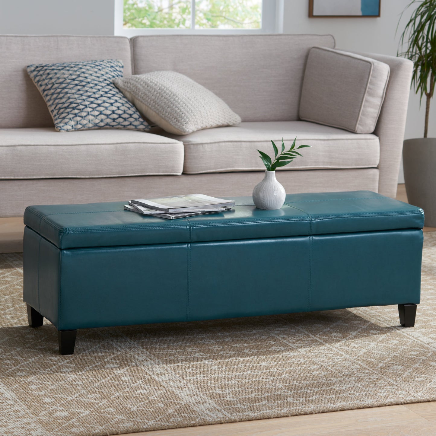 Upholstered PU Leather Storage Ottoman, Solid Wooden Legs