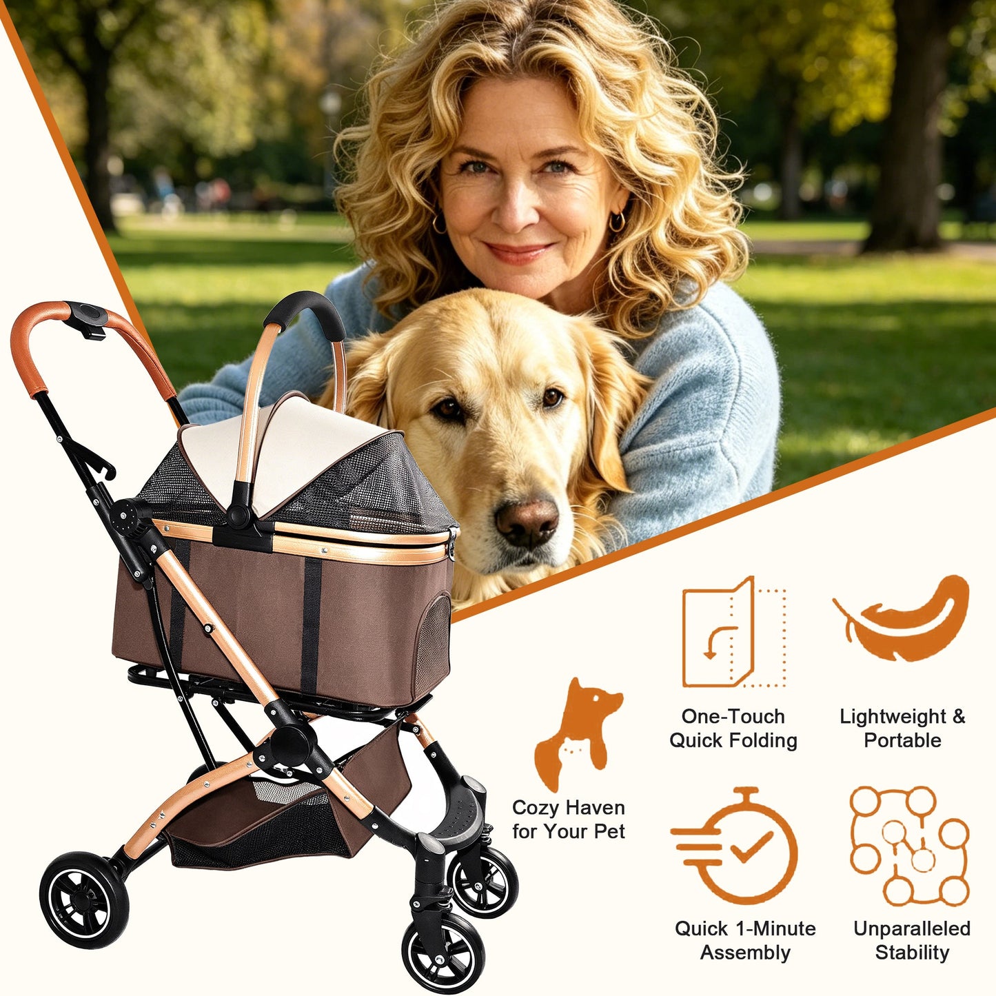 Pet Stroller for Dogs and Cats, 2-in-1 Detachable Foldable With Sun Canopy