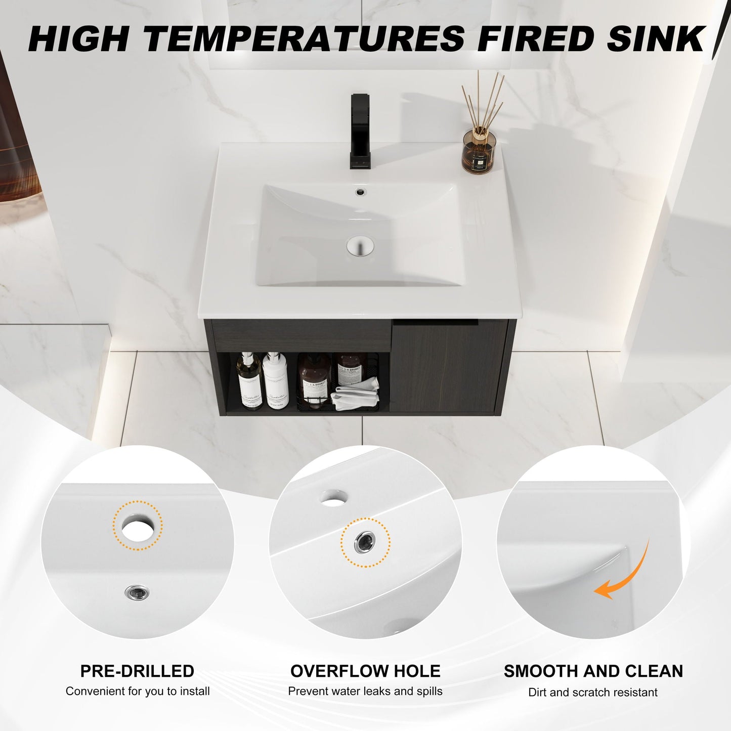 Wall Mounted Floating Bathroom Vanity With Open Shelf & Soft Close Door