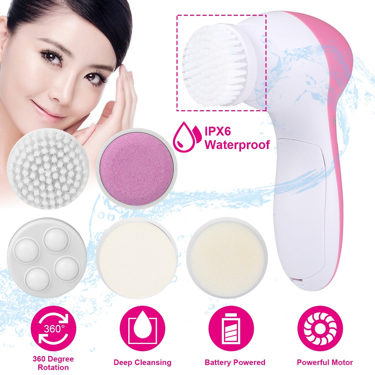 Facial Cleansing Brush Waterproof Face Spin Cleaning Brush with 5 Brush Heads Deep Cleansing Body Facial Brush Set for Gentle Exfoliating Removing Bla