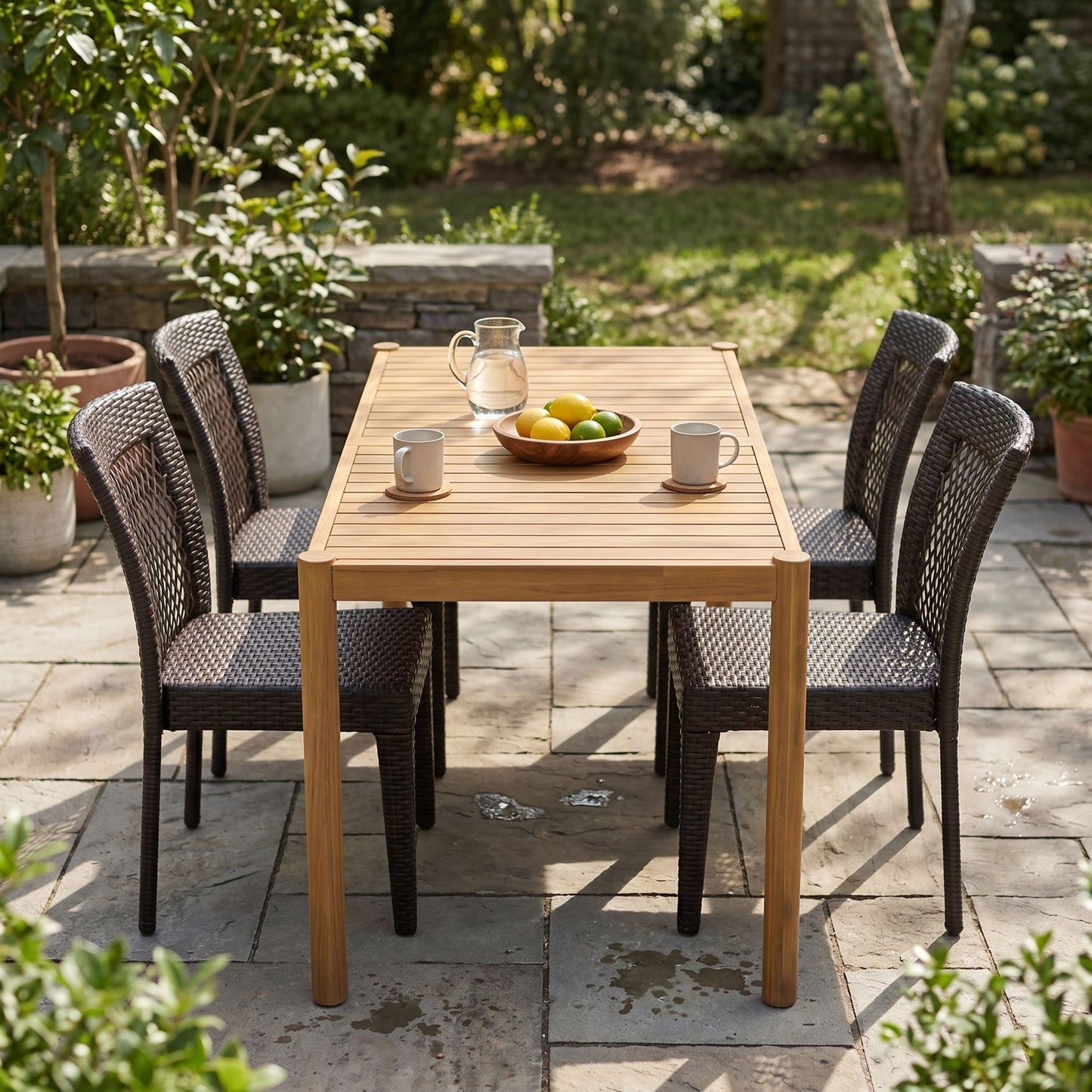 5-Piece Outdoor Dining Set, Acacia Wood Rectangular Patio Table & 4 PE Rattan Iron Frame Dining Chairs