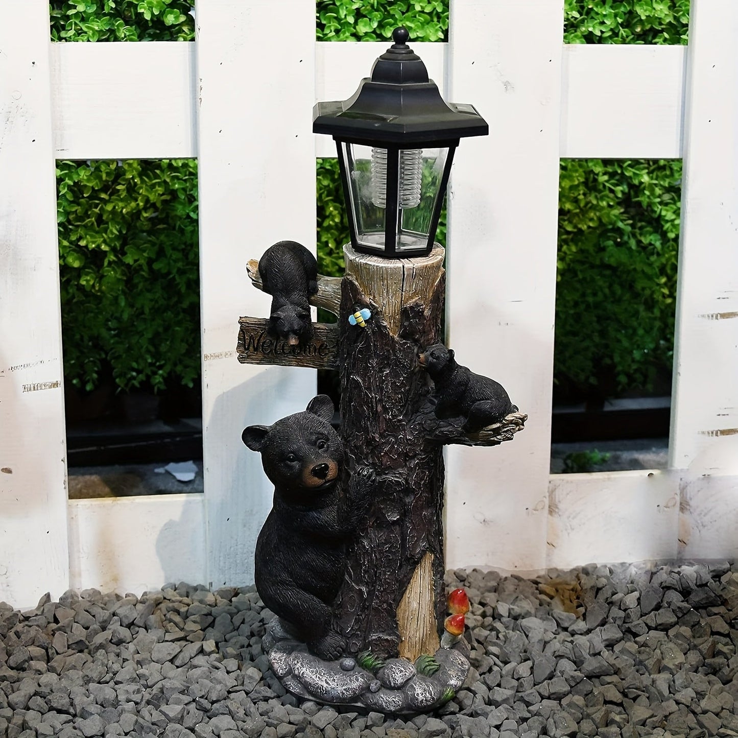 Black Bear Statue Welcome Sign Garden Statue with Solar Light
