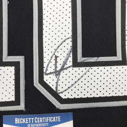 Framed Autographed/Signed DeMar DeRozan 35x39 San Antonio Black Basketball Jersey Beckett BAS COA
