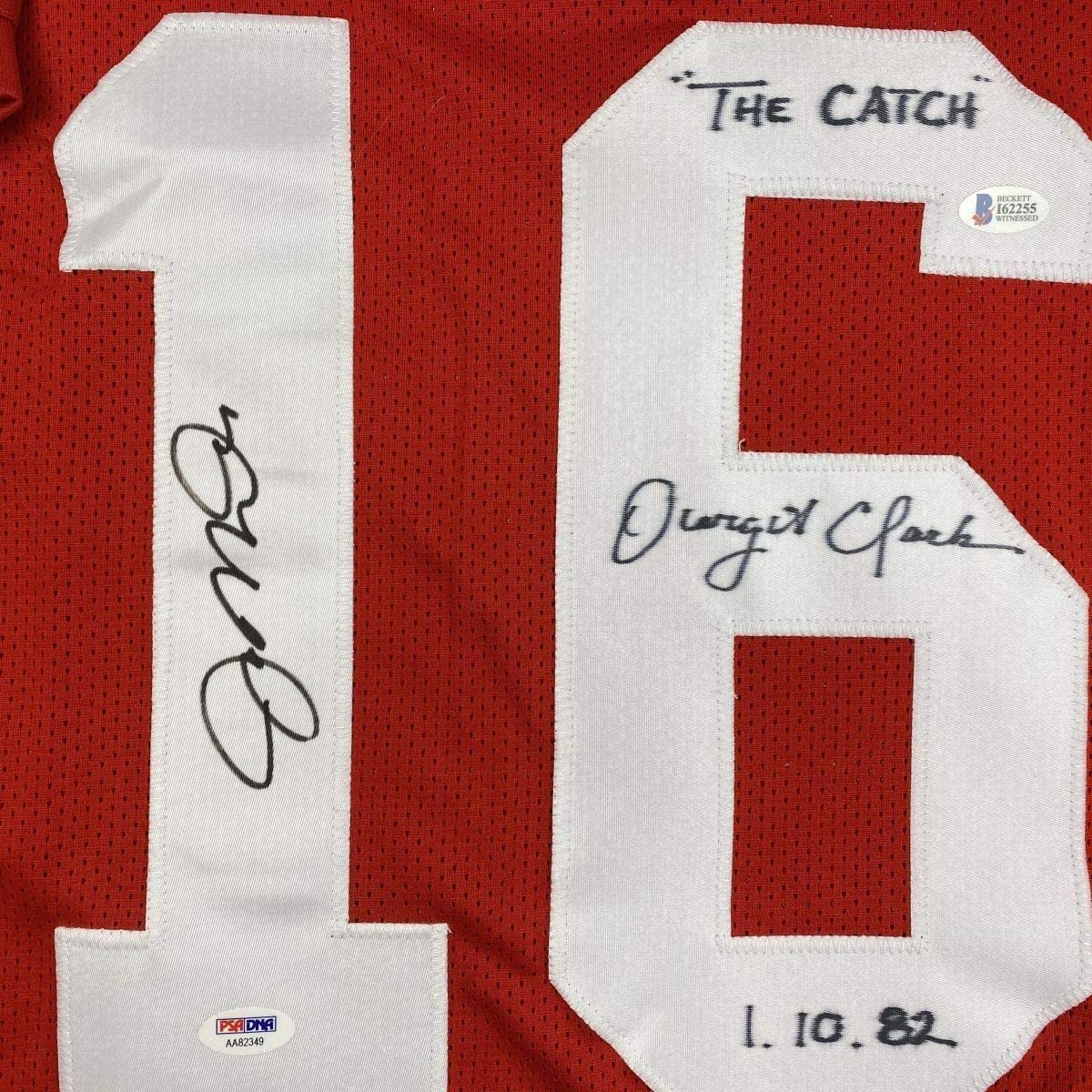 Framed Autographed/Signed Joe Montana & Dwight Clark 35x39 The Catch San Francisco Red Football Jersey PSA/DNA & Beckett BAS COA