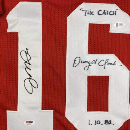Framed Autographed/Signed Joe Montana & Dwight Clark 35x39 The Catch San Francisco Red Football Jersey PSA/DNA & Beckett BAS COA