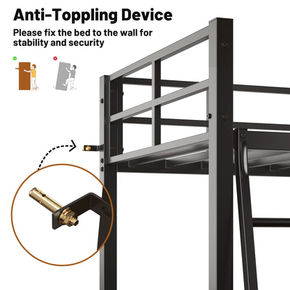 Twin Metal Loft Bed With L - Shaped Desk, Charging Station Loft Bed Frame Twin Size, Safety Guard & Ladder, No Box Spring Needed - Black