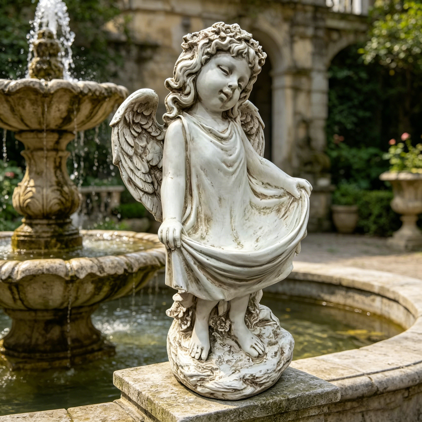 21.06" Tall Weathered Angel Cherub Garden Statue