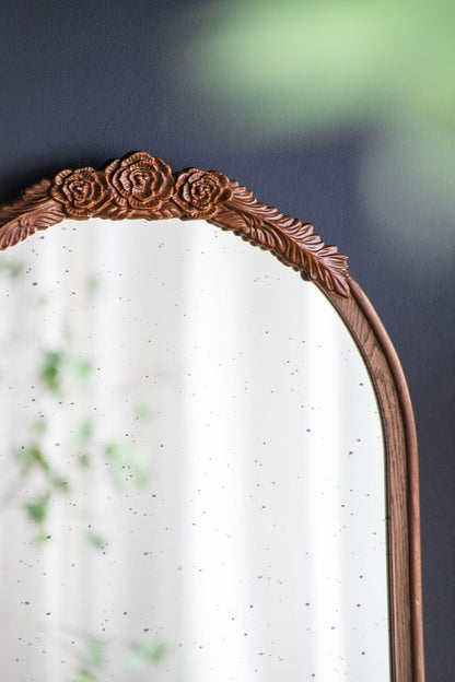 Hand Carved Rose Antique Mirror Frame, Wood Arch Mirror Wall Decor For Living Room