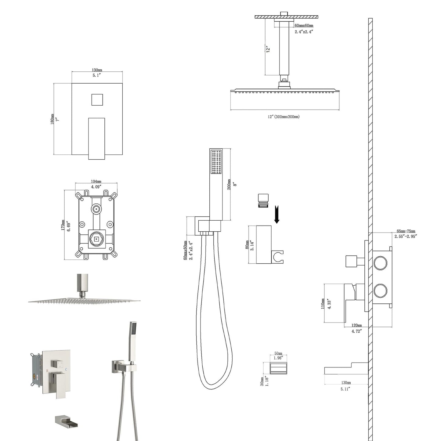 Modern Shower System With Waterfall Tub Spout, 12" Ceiling Mount Square Shower