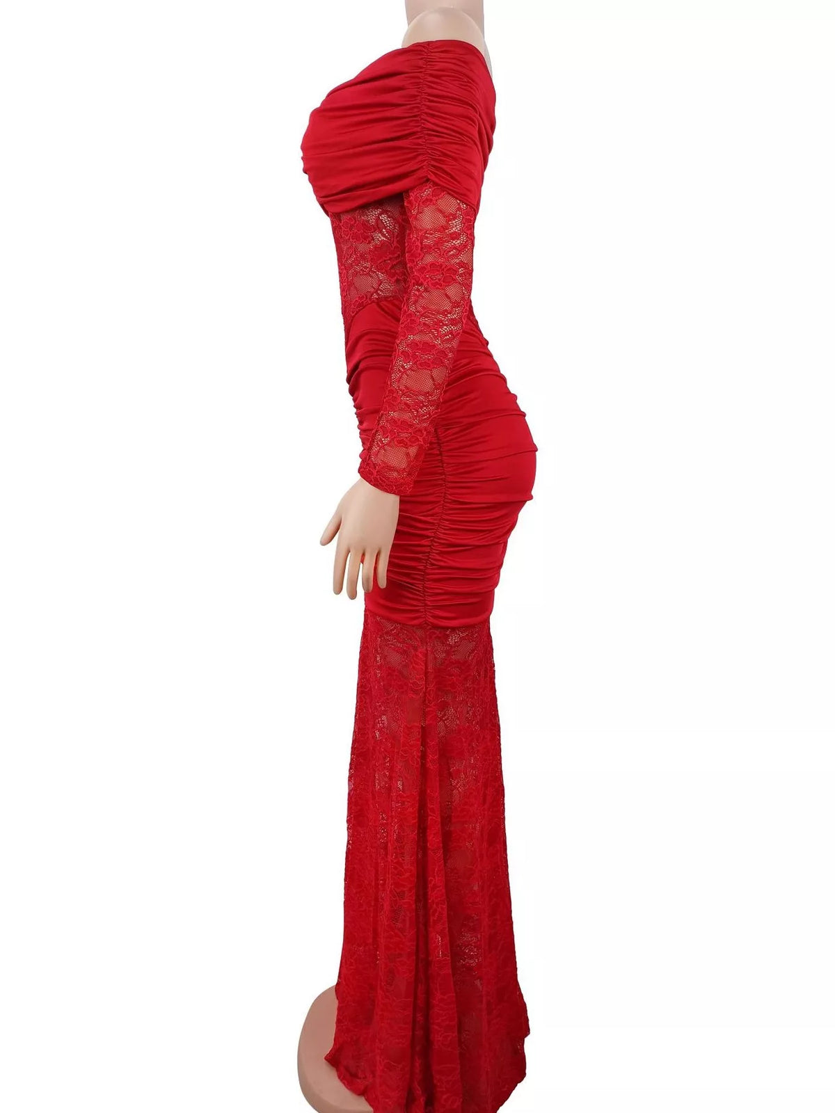 Off-Shoulder Ruched Lace Mermaid Maxi Dress