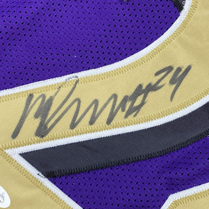 Framed Autographed/Signed Marcus Peters 35x39 Baltimore Color Rush Football Jersey JSA COA