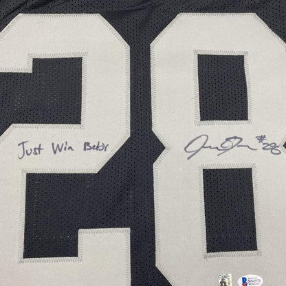 Framed Autographed/Signed Josh Jacobs Just Win Baby 35x39 Las Vegas Oakland Black Football Jersey Beckett BAS COA