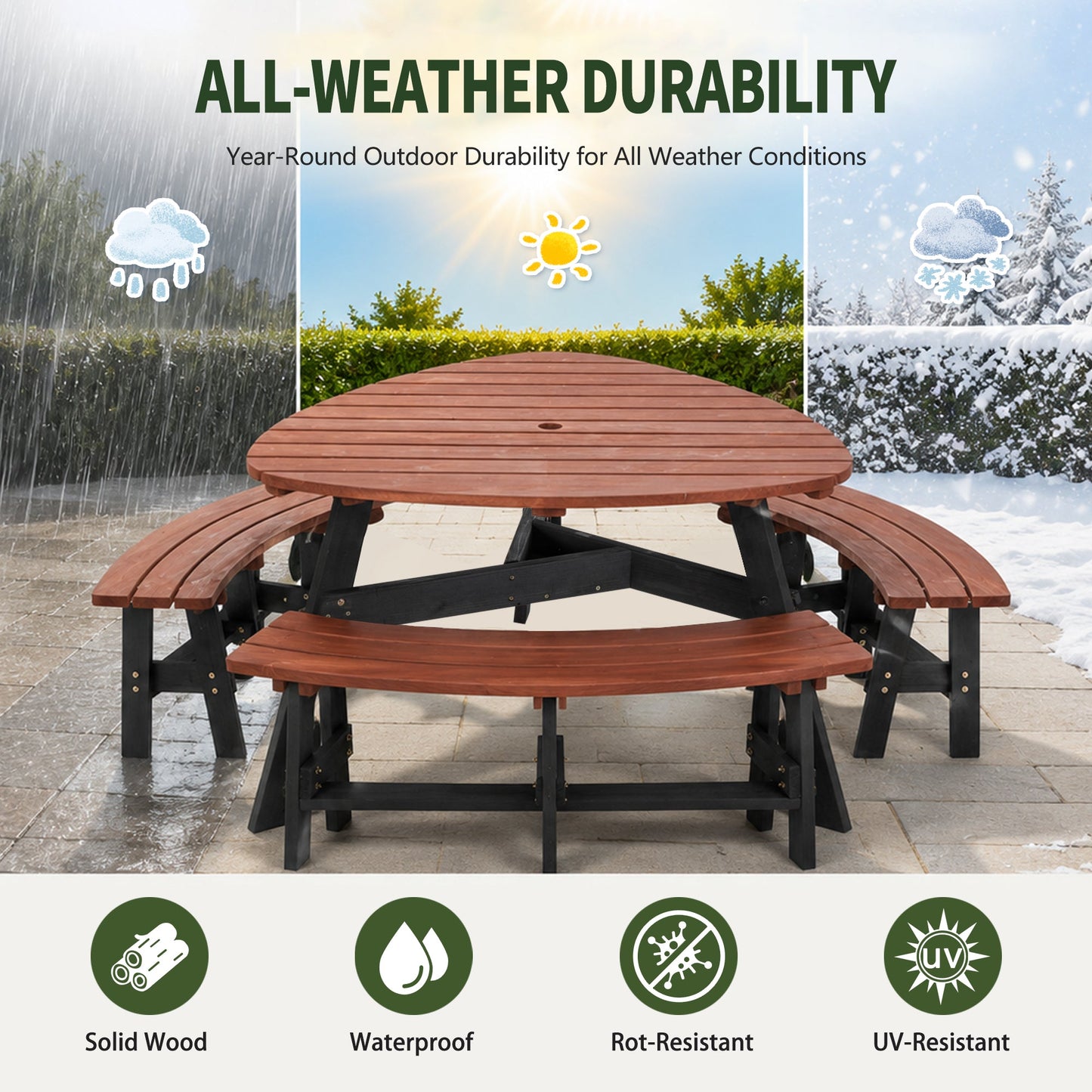 6-Person Semi-Circular Outdoor Solid Fir Wood Picnic Table Set, Rustic