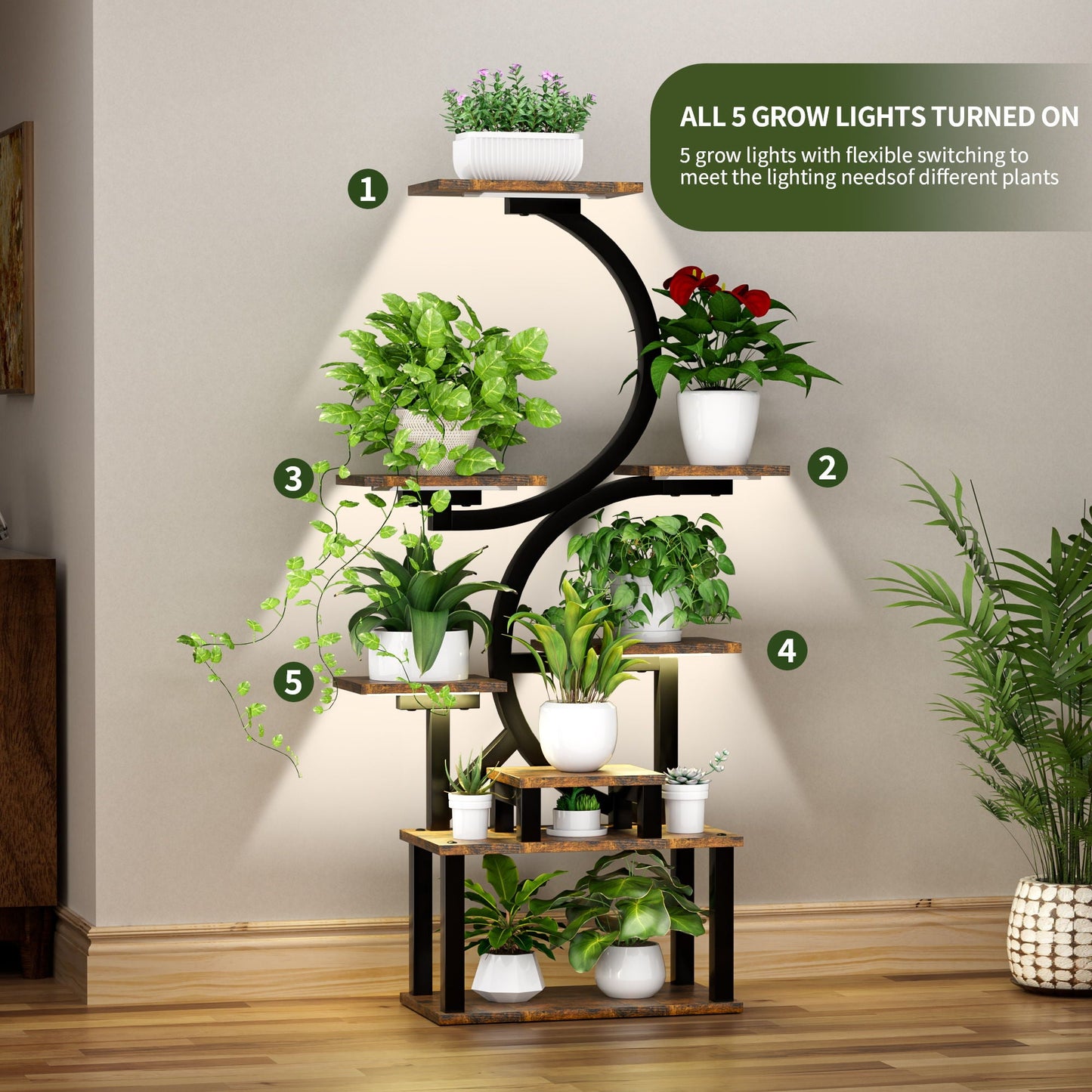 8 Tier Indoor Plant Stand With 5 Grow Lights For Living Room - Rustic Brown