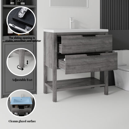36 Inch Freestanding Bathroom Vanity with Sink, Soft-Close Drawer, Ceramic Sink, Plywood