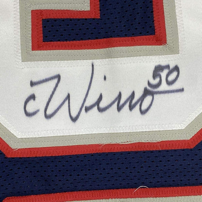 Framed Autographed/Signed Chase Winovich 35x39 New England Blue Football Jersey Beckett BAS COA