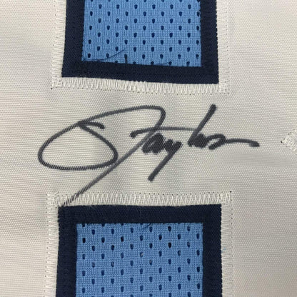 Framed Autographed/Signed Lawrence Taylor 35x39 North Carolina Blue College Football Jersey JSA COA Holo Only