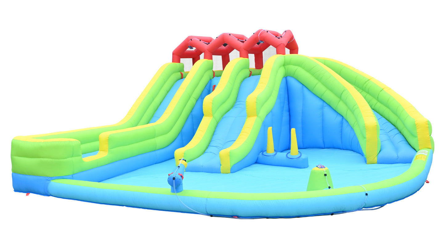 7-in-1 Inflatable Water Park Three Slide with Blower and Climbing Wall for Children