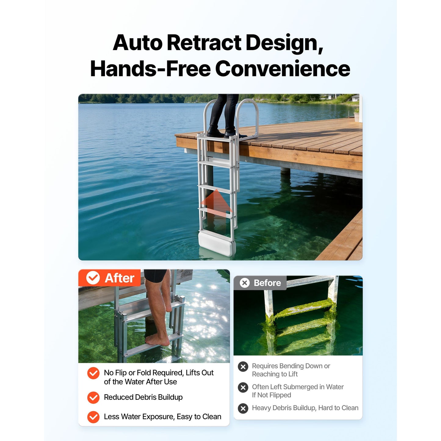 Retractable Dock Ladder, 5 Steps, Aluminum Alloy with Auto-Lift Float