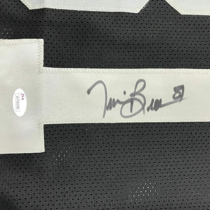 Framed Autographed/Signed Tim Brown 35x39 Oakland Black Football Jersey JSA COA Holo Only