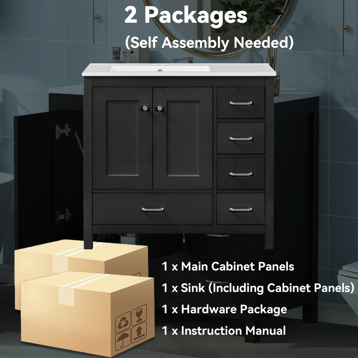 36" Black Bathroom Vanity With Ceramic Sink Combo