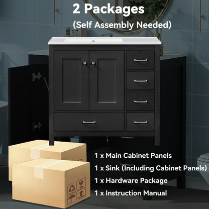 36" Black Bathroom Vanity With Ceramic Sink Combo