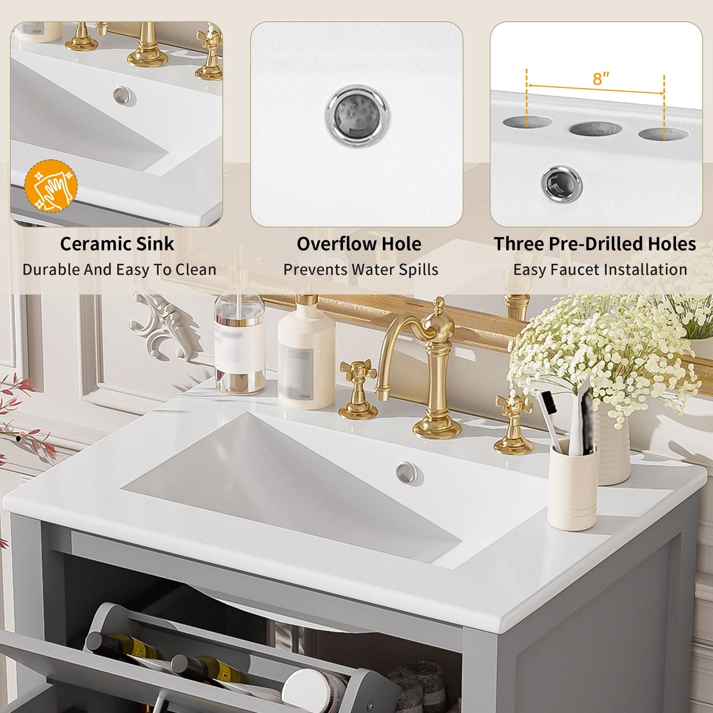 Bathroom Vanity With Ceramic Sink, Soft Close Doors, Flip Drawer, Double Layer Door Shelves