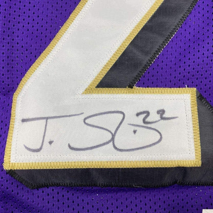 Framed Autographed/Signed Jimmy Smith 35x39 Baltimore Purple Football Jersey JSA COA