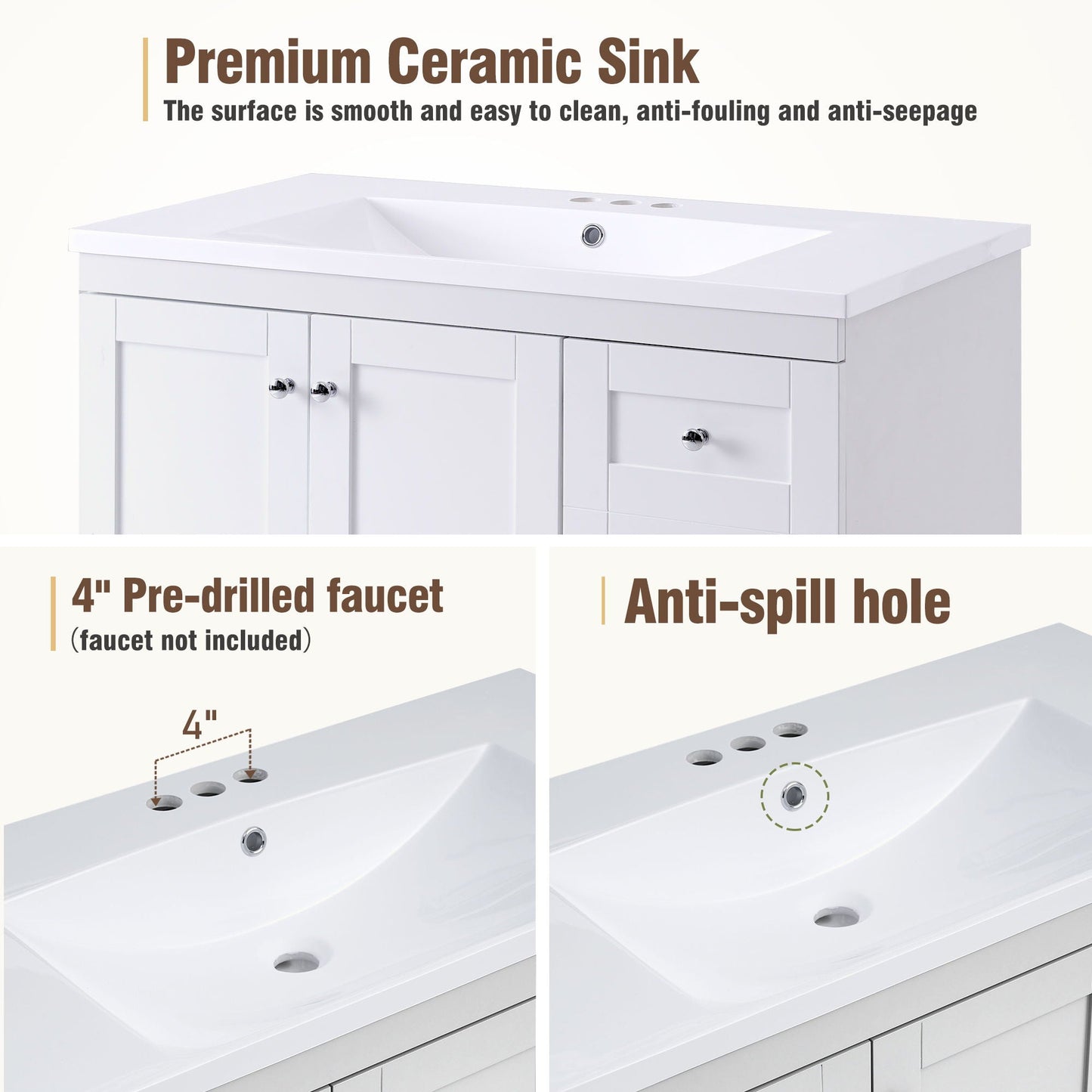 Shaker Free Standing Bathroom Vanity Cabinet & Sink, Soft Close Drawers, Soft Close Doors