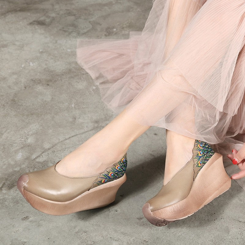 Hand-Painted Peacock Feather Platform Wedge Vintage Leather Shoes