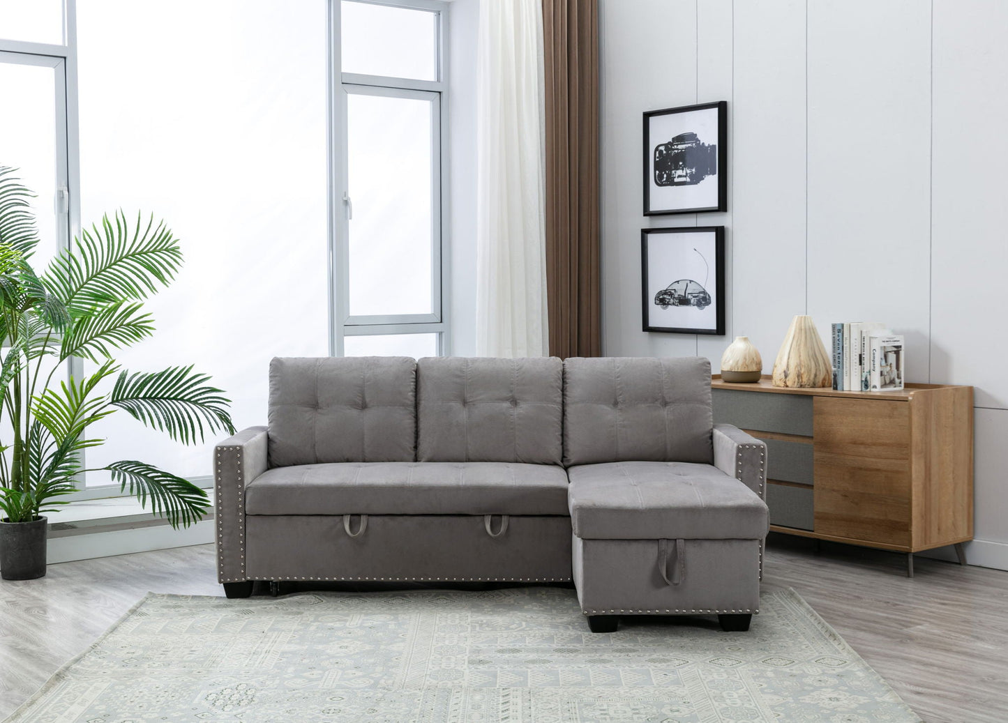 Reversible Sectional Storage Sleeper Sofa Bed, L-Shape 2 Seat Sectional Chaise With Storage, Skin-Feeling Fabric