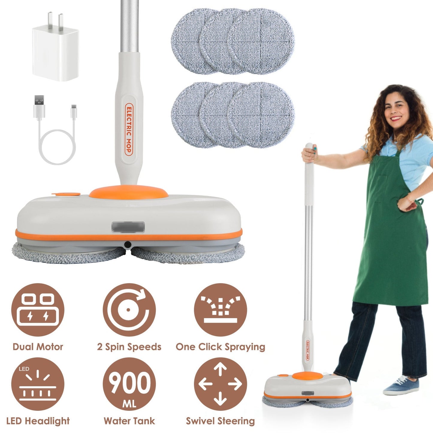Dual Motor Cordless Spin Mop Self-Propelled Floor Cleaner with 6 Microfiber Pads 2 Speeds 900ML Water Tank One Click Spraying Headlight for Multiple F