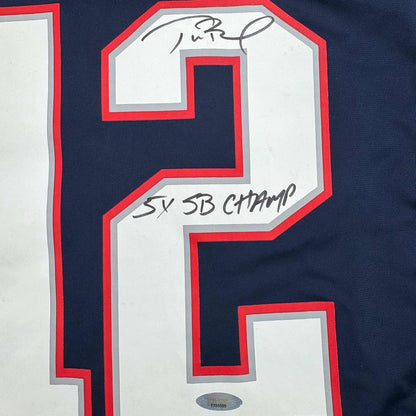 Framed Autographed/Signed Tom Brady "5x SB Champ" 35x39 New England Patriots Blue Authentic Nike Football Jersey Tristar COA