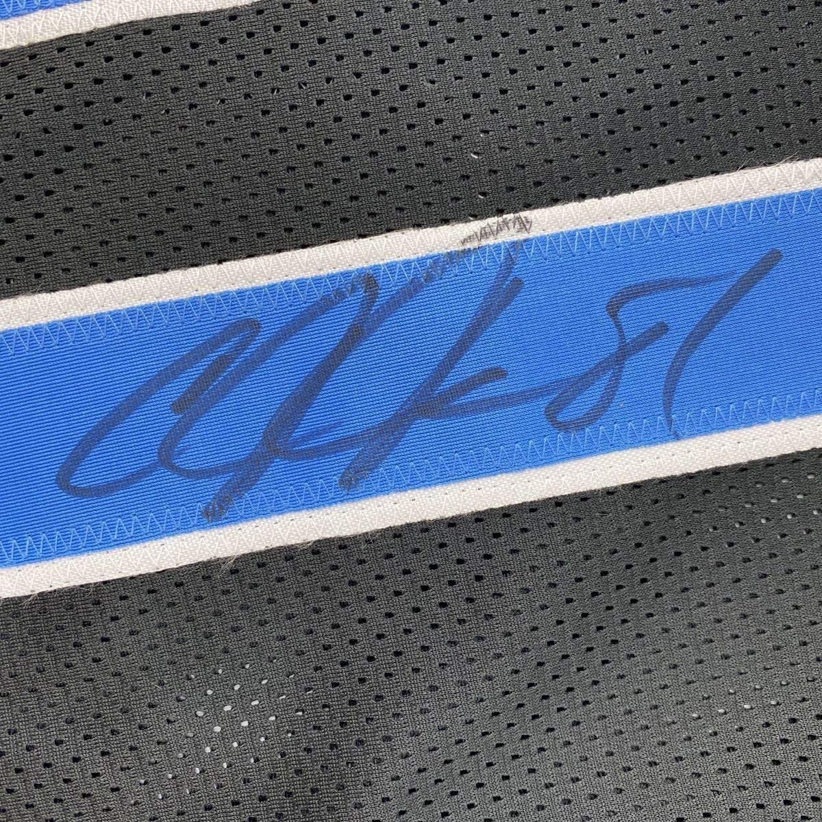 Framed Autographed/Signed Calvin Johnson 35x39 Detroit Black Football Jersey JSA COA