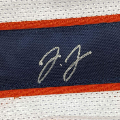 Framed Autographed/Signed Jerry Jeudy 35x39 Denver White Football Jersey JSA COA