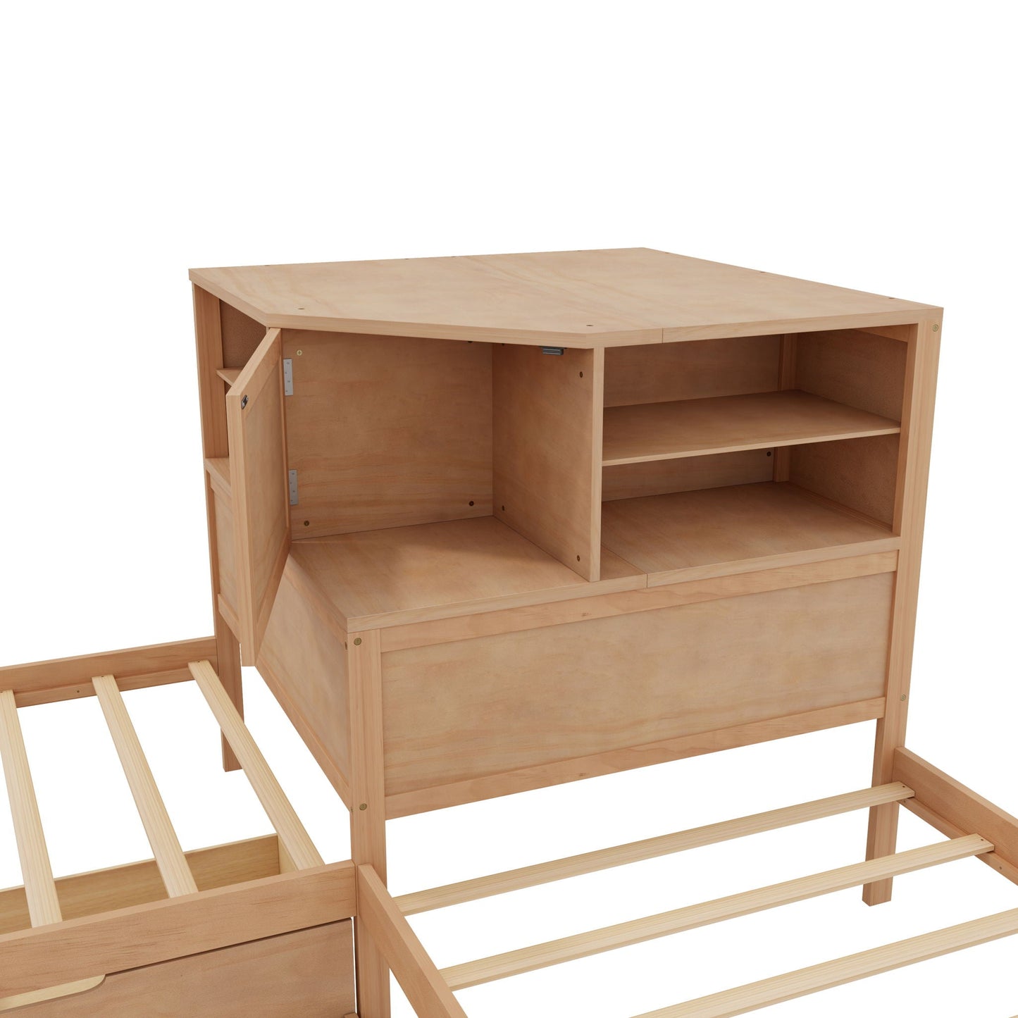 L-Shaped Bed Frame With Trundle, Built In Desk & LED Lighting