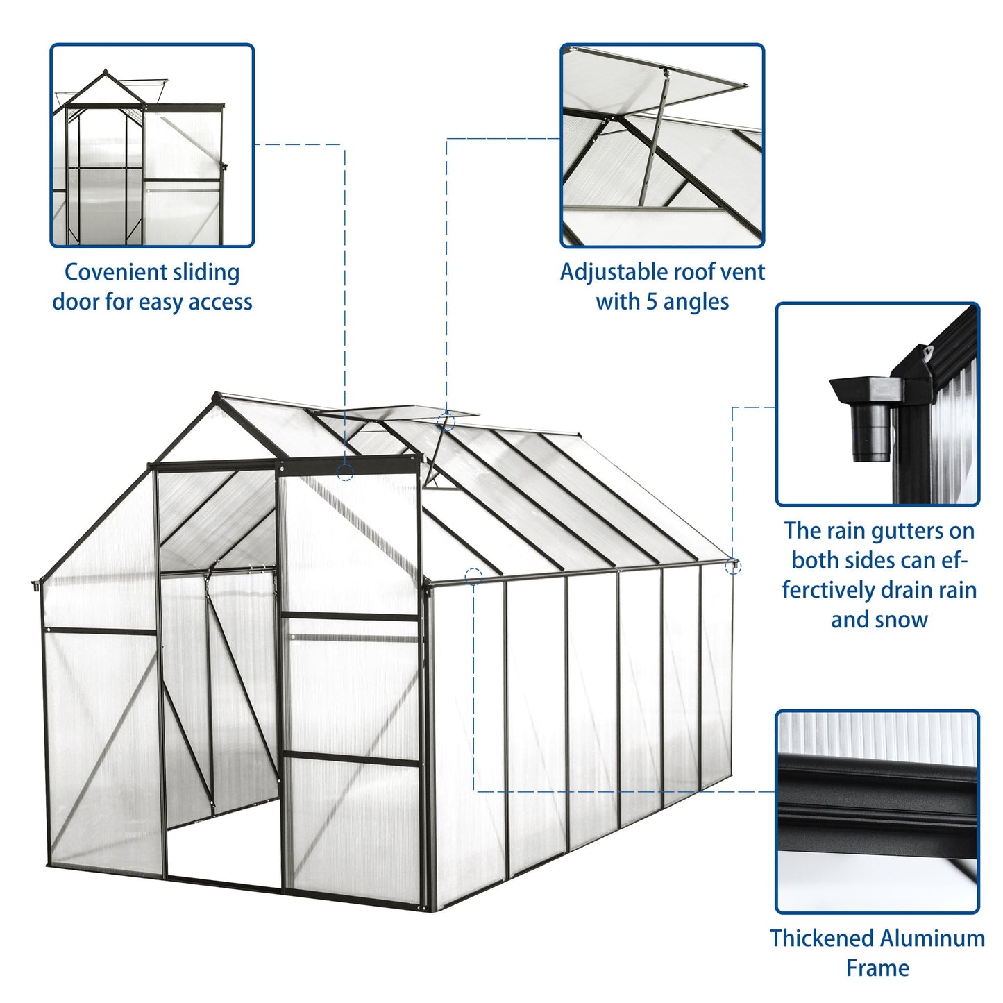 Polycarbonate house Raised Base And Anchor Aluminum Heavy Duty Walk-In houses For Outdoor Backyard In All Season