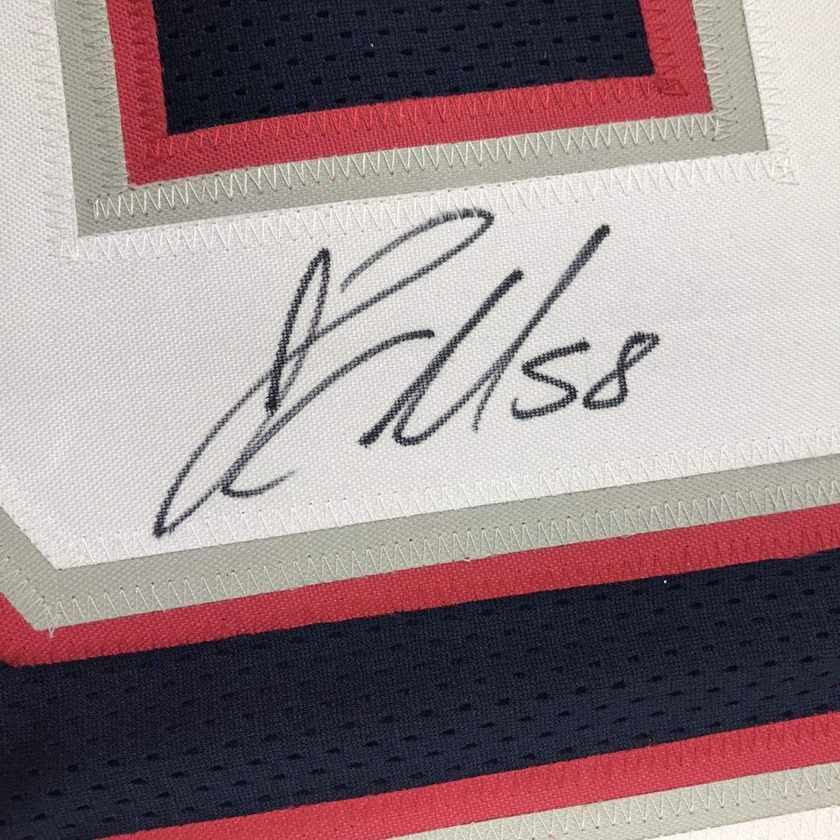 Framed Autographed/Signed Jamie Collins 35x39 New England Blue Football Jersey JSA COA