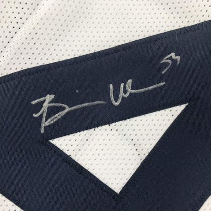 Framed Autographed/Signed Brian Urlacher 35x39 Chicago Retro White Football Jersey Beckett BAS COA