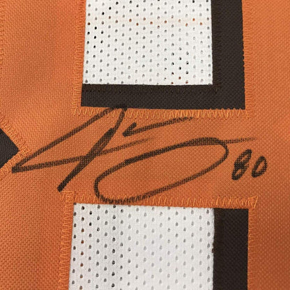 Framed Autographed/Signed Jarvis Landry 35x39 Cleveland White Football Jersey JSA COA